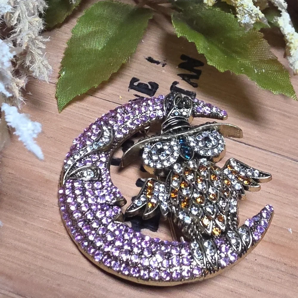 New Celestial Owl & Crescent Moon Brooch Pin Sweater Jacket Mystical Halloween